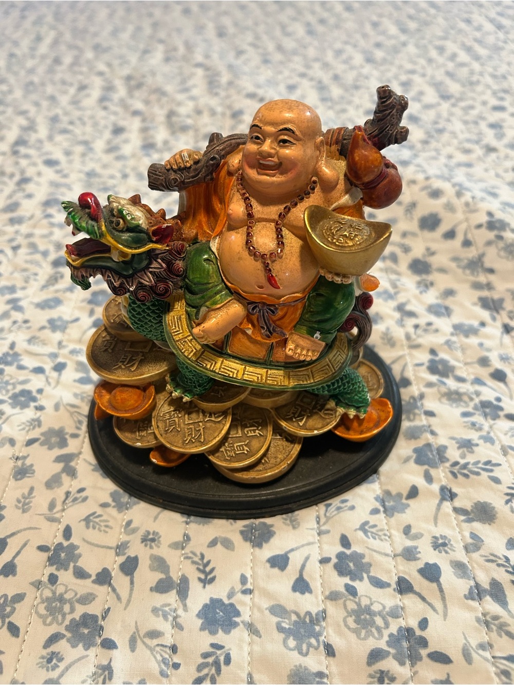 Laughing Buddha on Dragon Statue - Green and Gold Home Art